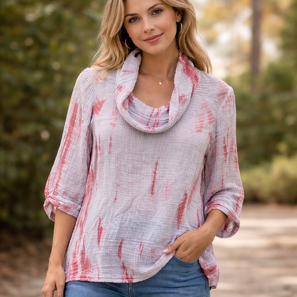 Soft Surroundings Sierra Crinkle Gauze Pullover Blue Pink Tie Dye Cowl Neck - XS